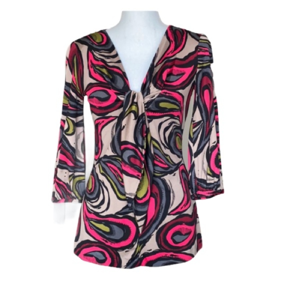Trina Turk paisley print stretchy silk blouse with tie detail size S